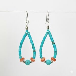 Turquoise 2.25" Earrings 925 Sterling Silver Heishi Native Beaded Spiney Oyster